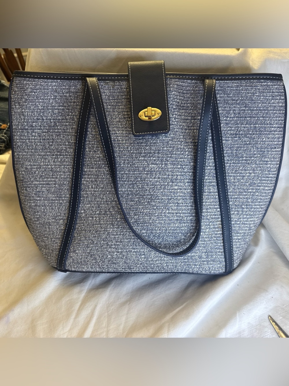 Talbots Packable Paper Straw Tote Bag Blue PU Leather Trim with Gold Hardware